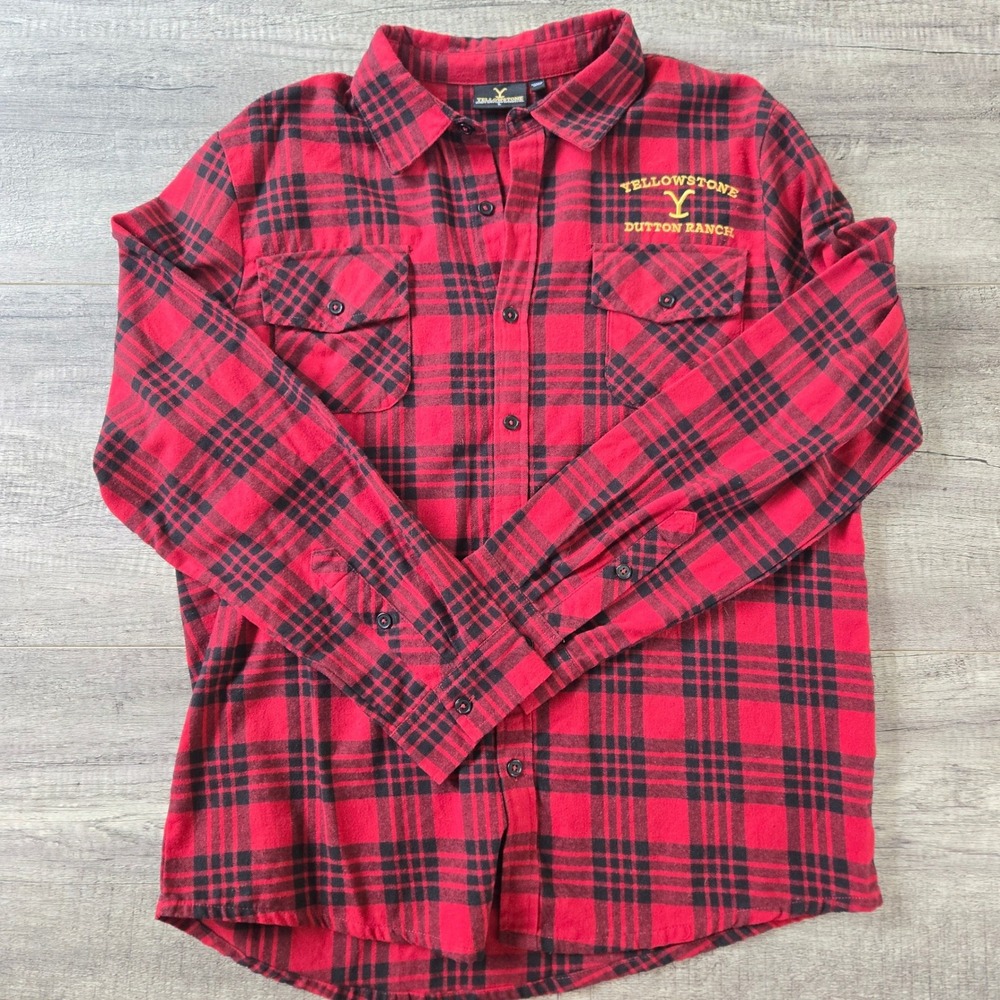 Yellowstone Dutton Ranch Red Black Plaid Flannel Shirt Mens L Embroidered Logo